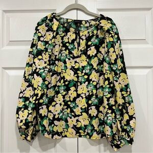 WHO WHAT WEAR Balloon Long Sleeve Keyhole Top Black Green Floral Womens Large